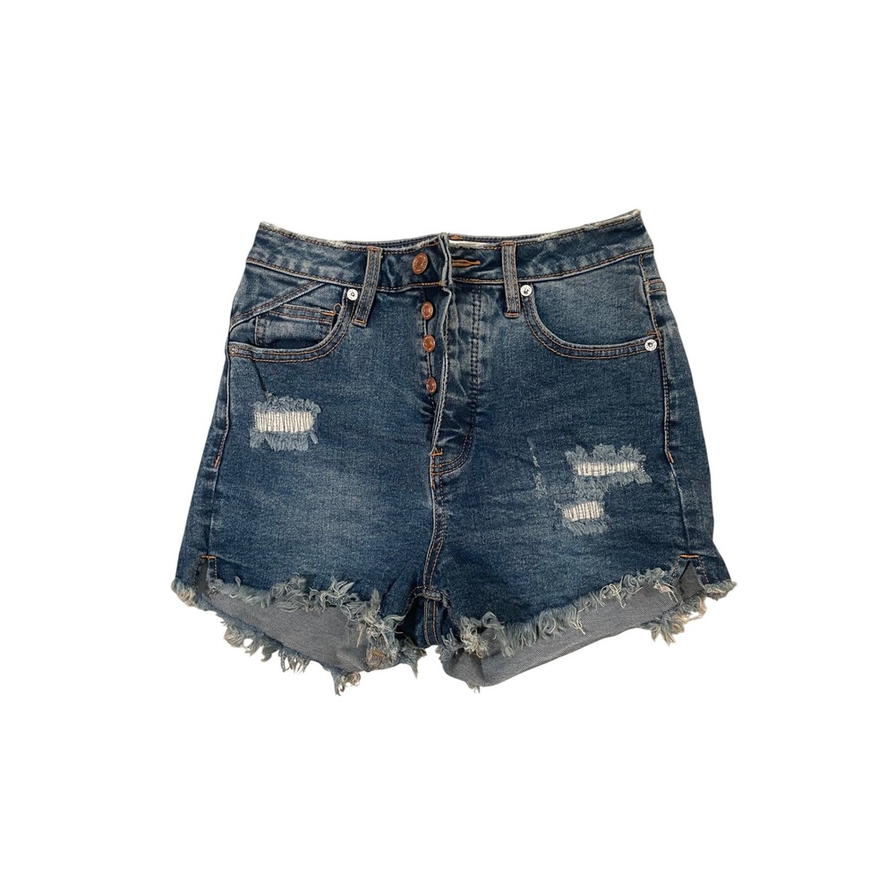 We The Free People High Rise Distressed Denim Shorts Button Fly Medium Wash 25